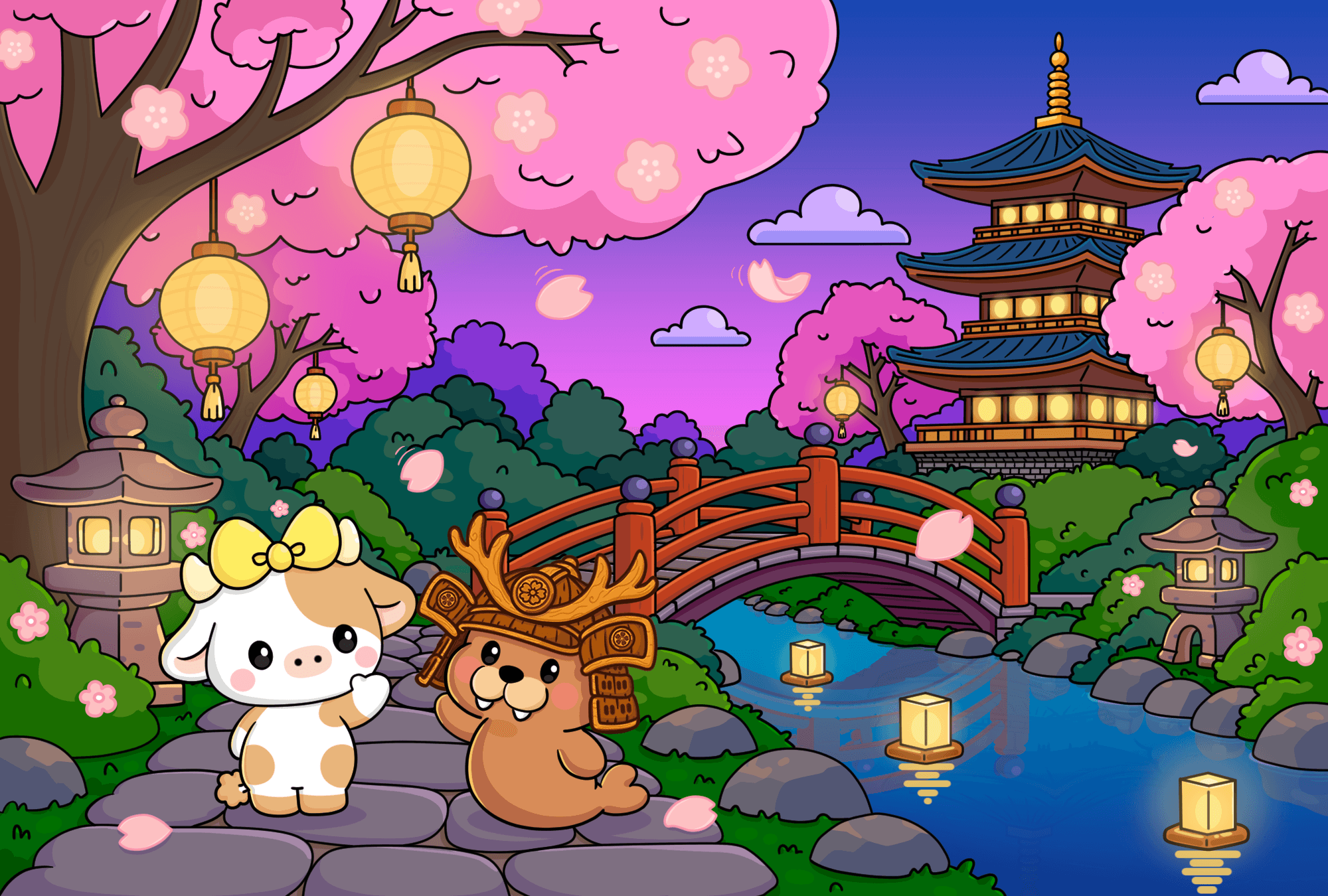 Moomaru and Macarune together in a cherry blossom garden